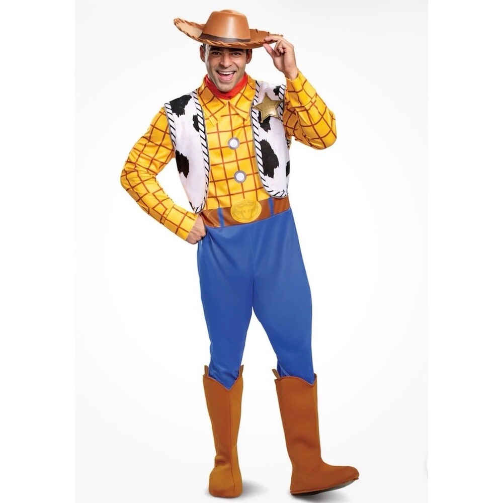 Toy Story Woody Costume Mens Size L 36/38 3-Piece Jumpsuit Hat Badge NEW Couple